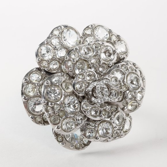 Chanel CC Crystal Embellished Silver Tone Pin Brooch Chanel